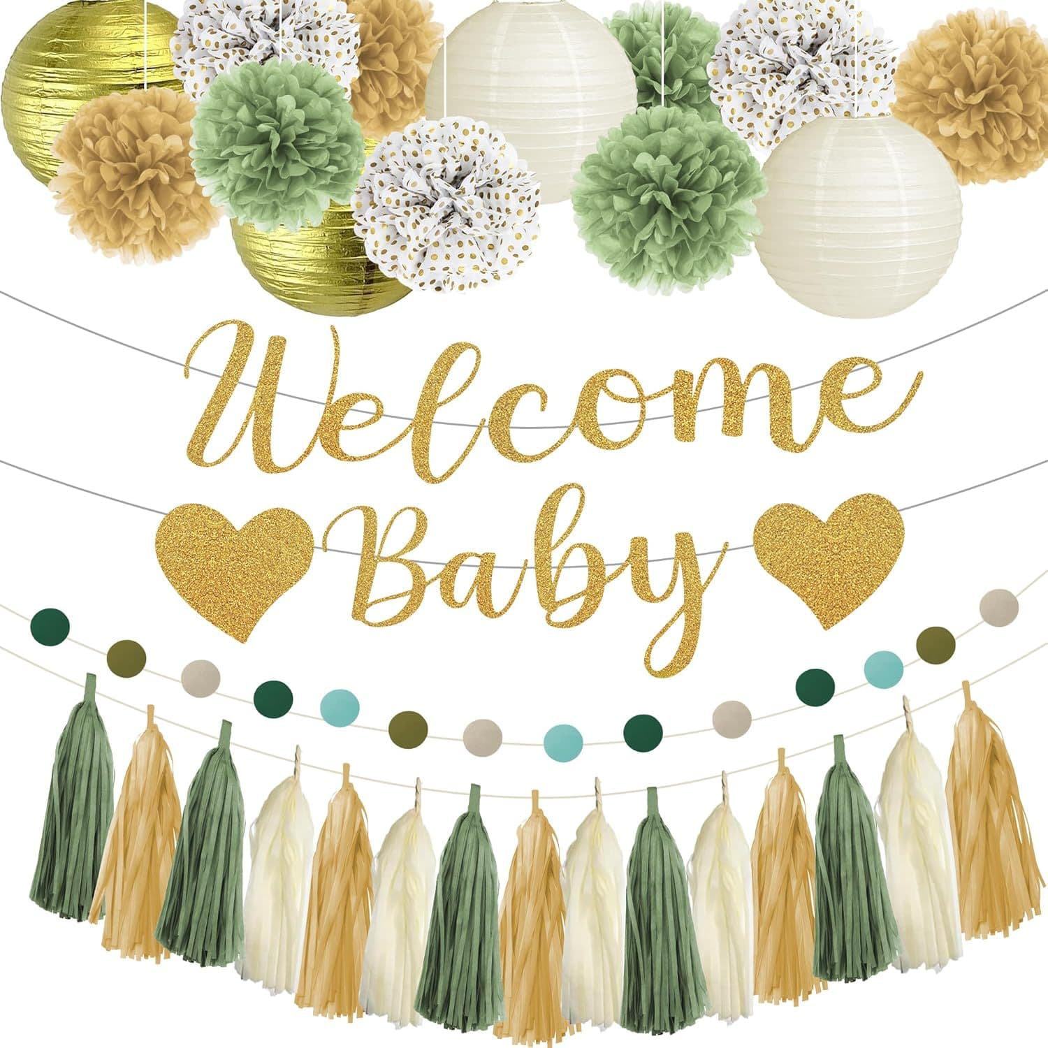 Grass green baby shower decorations welcome baby banner card paper lantern five-pointed star paper string tassel