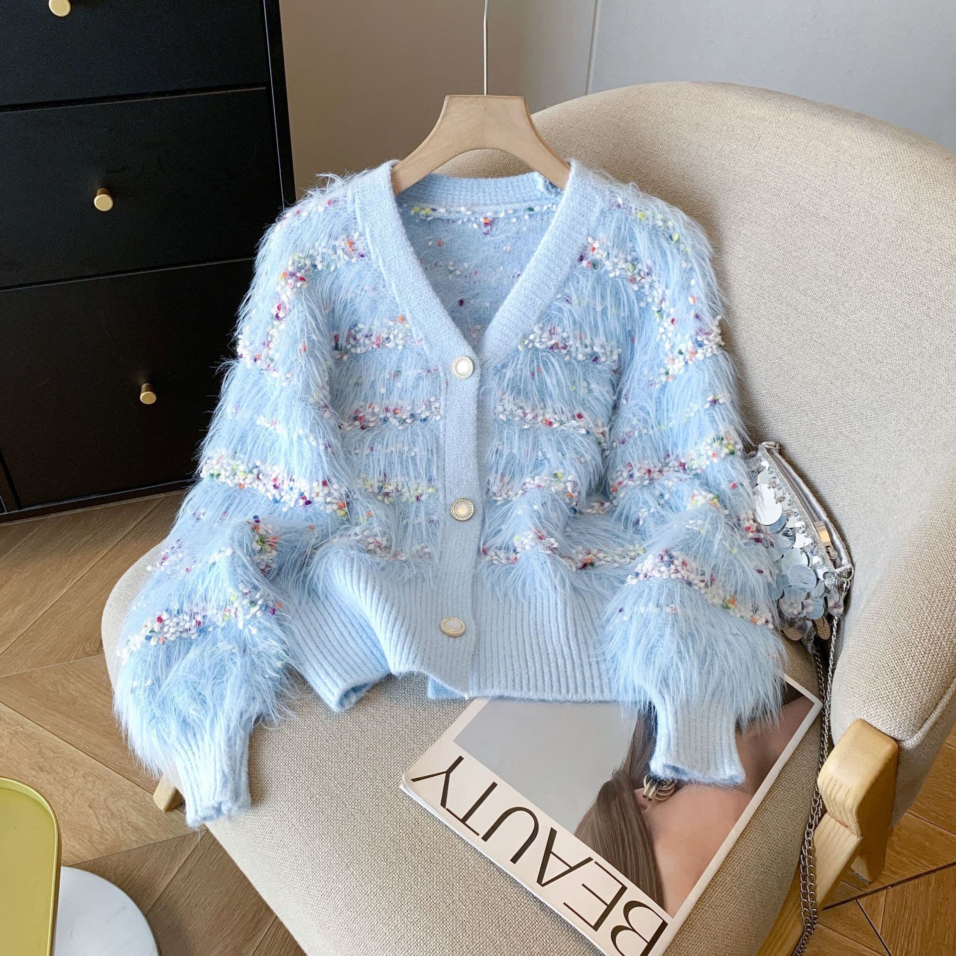 Faux mink polka dot knit cardigan for women, autumn and winter hot-selling loose and lazy style V-neck cardigan, fashionable and soft sweater