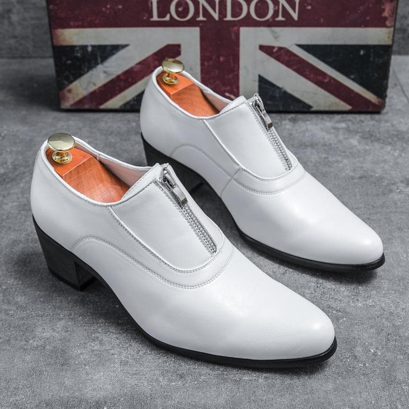[In Stock] 2025 High Heel Leather Shoes for Men Wedding Banquet Formal Men's Shoes Zipper Cuban Heel Men's White Shoes for Export