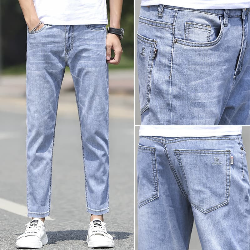 2024 Summer Light Color Thin Fashionable Brand Slim-fit Straight Pants Korean Style Fashionable Stretch Jeans Men's Ankle-length Pants