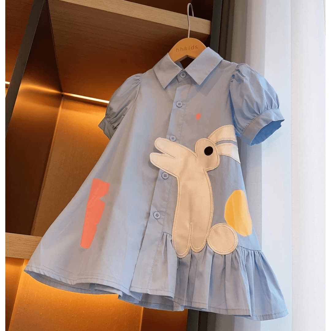 Girls Summer New Korean Style Dress Shirt Dress Cute Little Rabbit Short Sleeve Dress