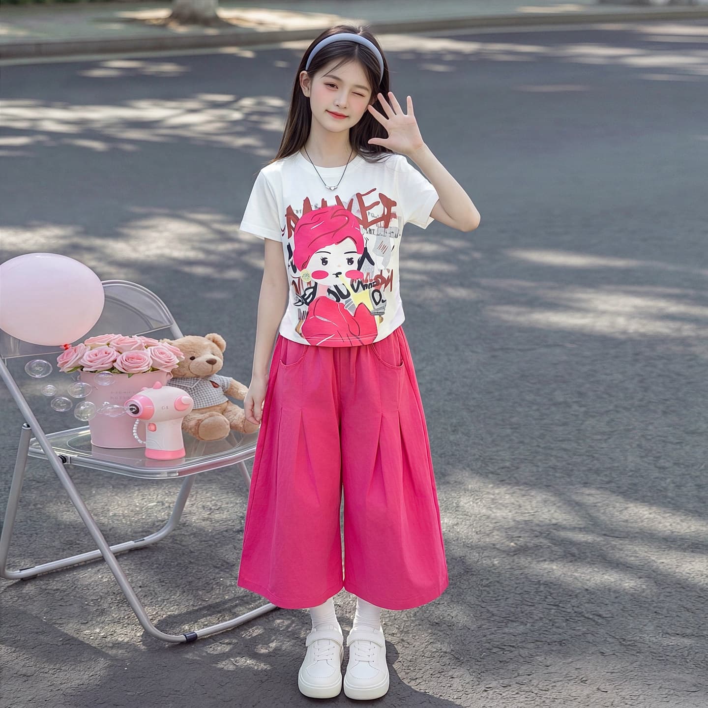Girls' Summer Set 2026 New Fashionable Short Sleeve Dopamine Summer Outfit Two-Piece Set for Middle and Older Children