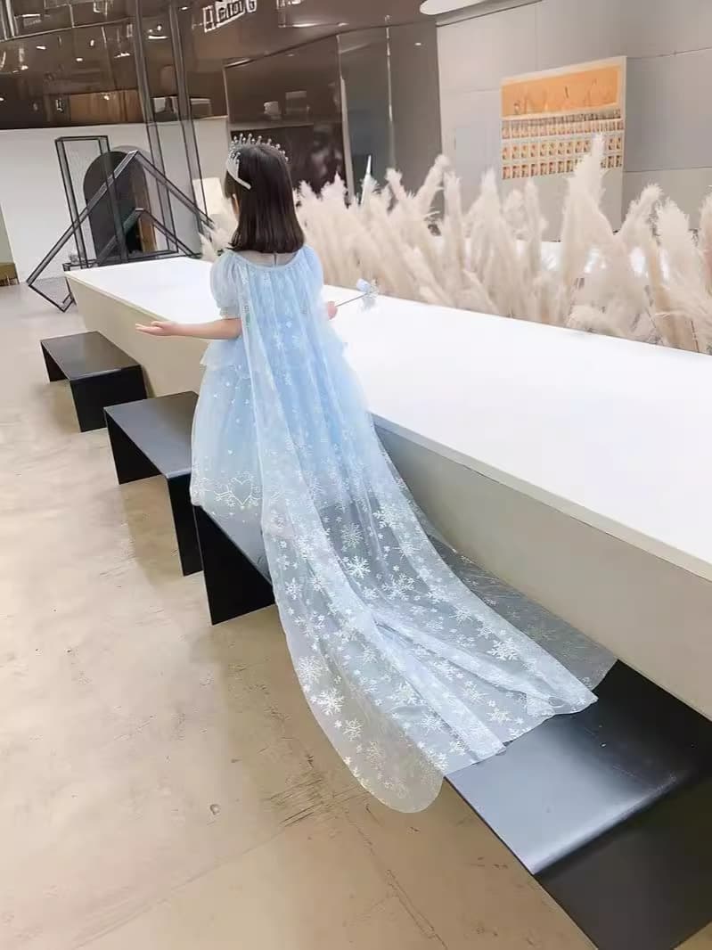 Girls Elsa Princess Dress Summer Short Sleeve Frozen Elsa Long Birthday Gown New Dress