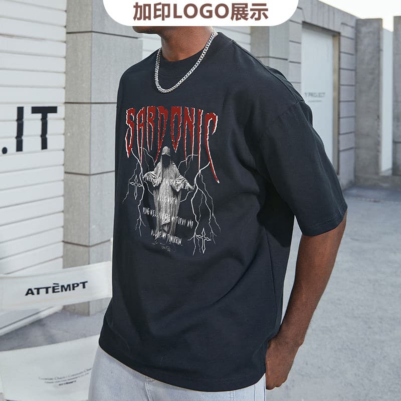 Summer Streetwear Men's Solid Color Cotton T-Shirt, Customizable Logo, Loose Fit, High-Quality Tee, European and American Trendy Brand Men's Short Sleeve