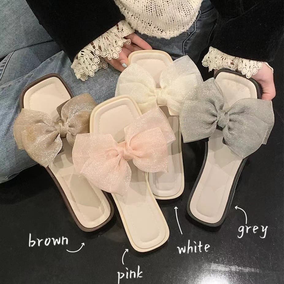 Fairy-style Mesh Bow Flat One-Strap Outdoor Slippers for Women, Summer Fashion Non-Slip Beach Sandals, Trendy