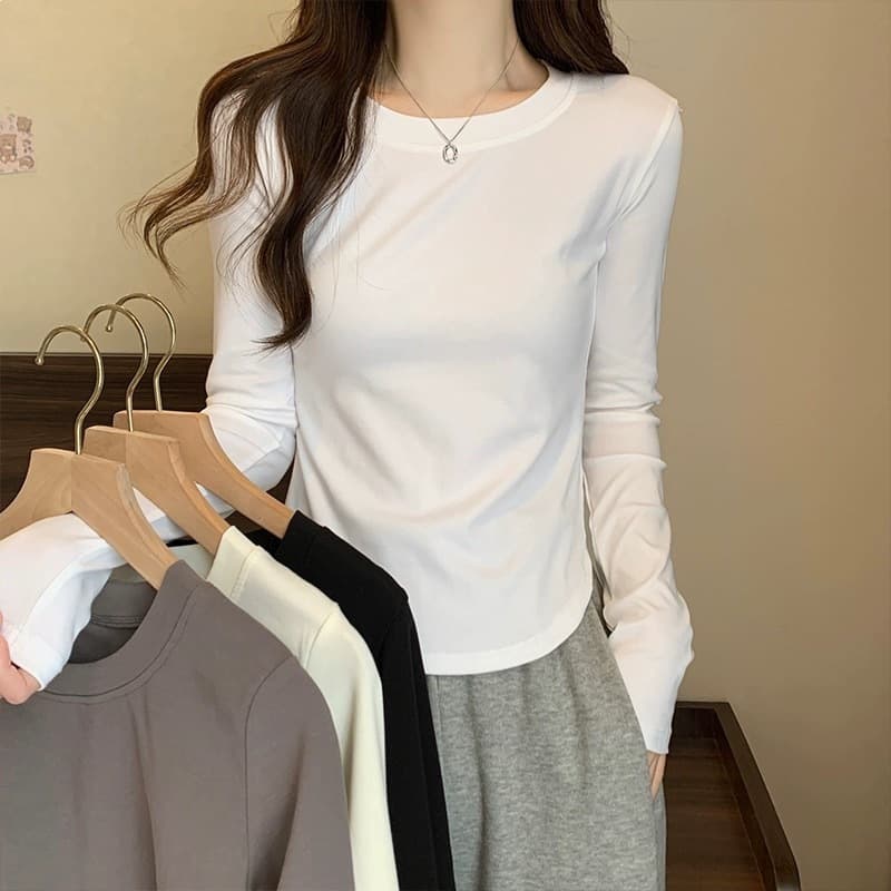 Solid Color Right Shoulder Long Sleeve T-Shirt Women's 2026 Spring and Autumn New Curved Hem Design Slim Fit Bottoming Shirts