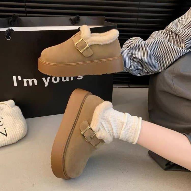 Leather Upper Thick Sole Fleece-Lined Driving Birkenstock Women 2025 Autumn/Winter New Furry Shoes Outdoor Snow Boots Cotton Shoes
