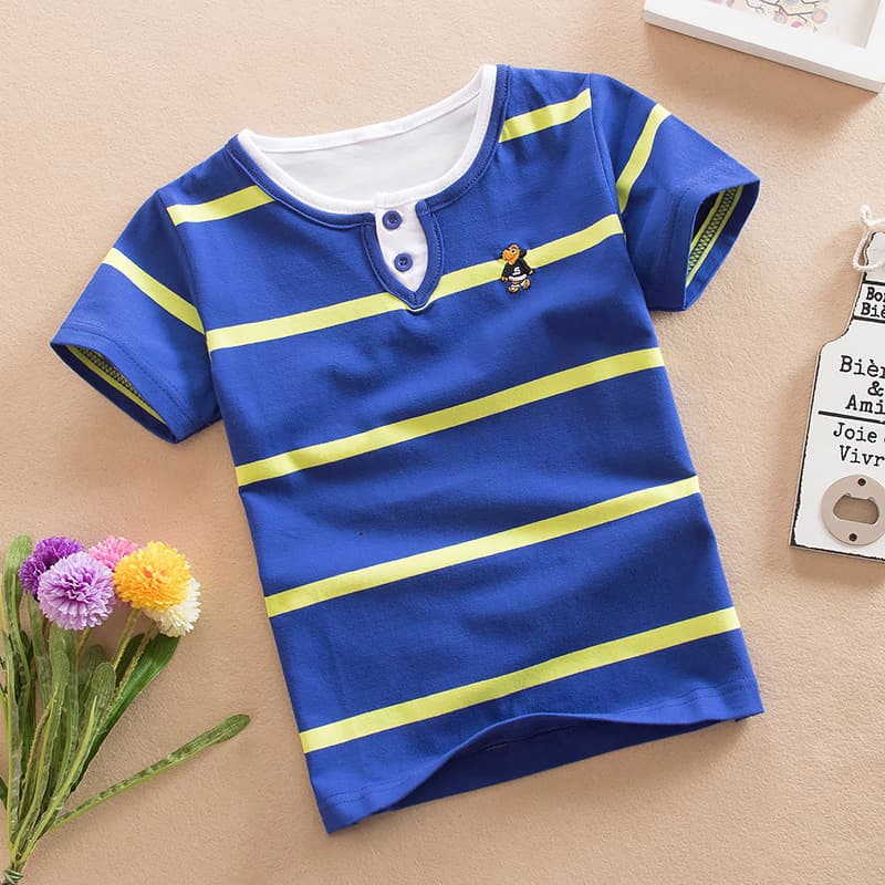 Boys' Short Sleeve T-Shirt, Cotton Children's Summer Clothing, Pure Cotton T-Shirt, Double Collar, Round Neck, Short Sleeve, Striped, Wholesale, Stretch