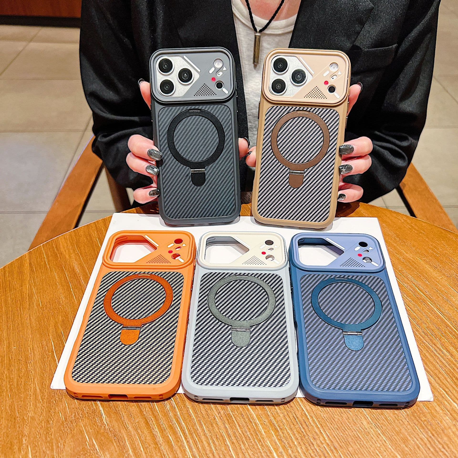 Compatible with iPhone 17 Pro Max Case Magnetic Stand Carbon Fiber Texture for Apple 16 Frosted Anti-Drop Protection