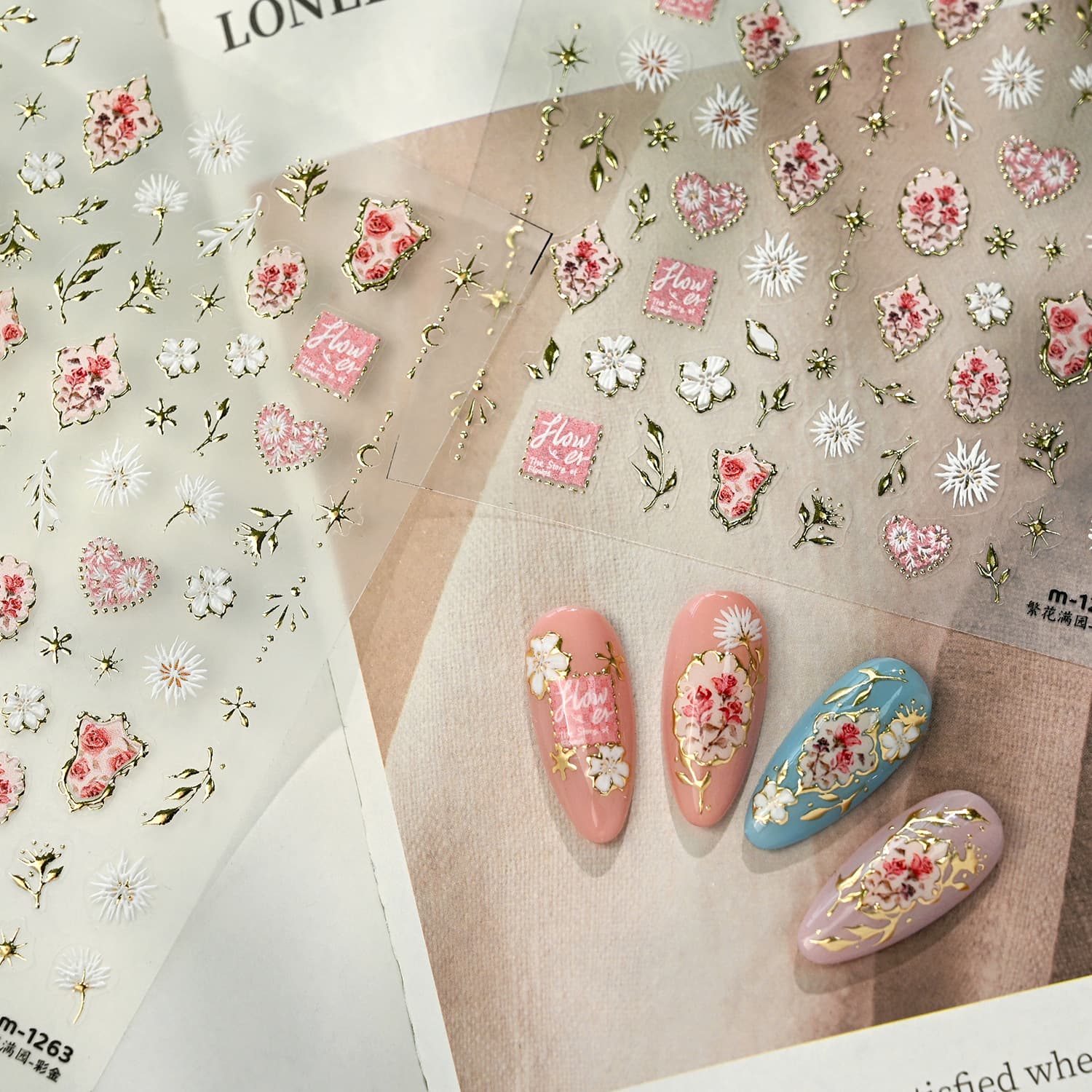 TENSOR Light French Sweet Floral Nail Sticker M1263 Gentle Floral Gold Line Moon Nail Wrap
