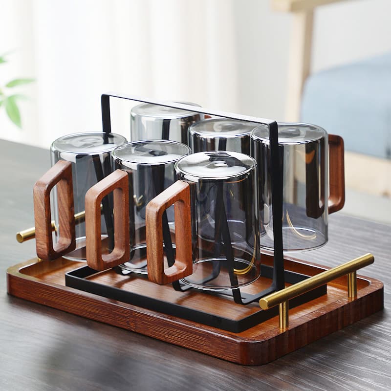 ✅ Cross-Border Wooden Handle Glass Cup, High-Temperature Resistant Living Room Cup, Home Hospitality Water Cup Set with Handle