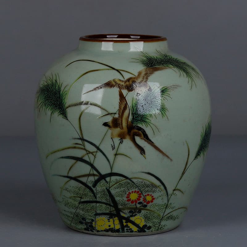 Large Qing Guangxu Bean Green Glaze Famille Rose Egret Pattern Jar Home Decoration Antique Imitation Porcelain Aged Collection