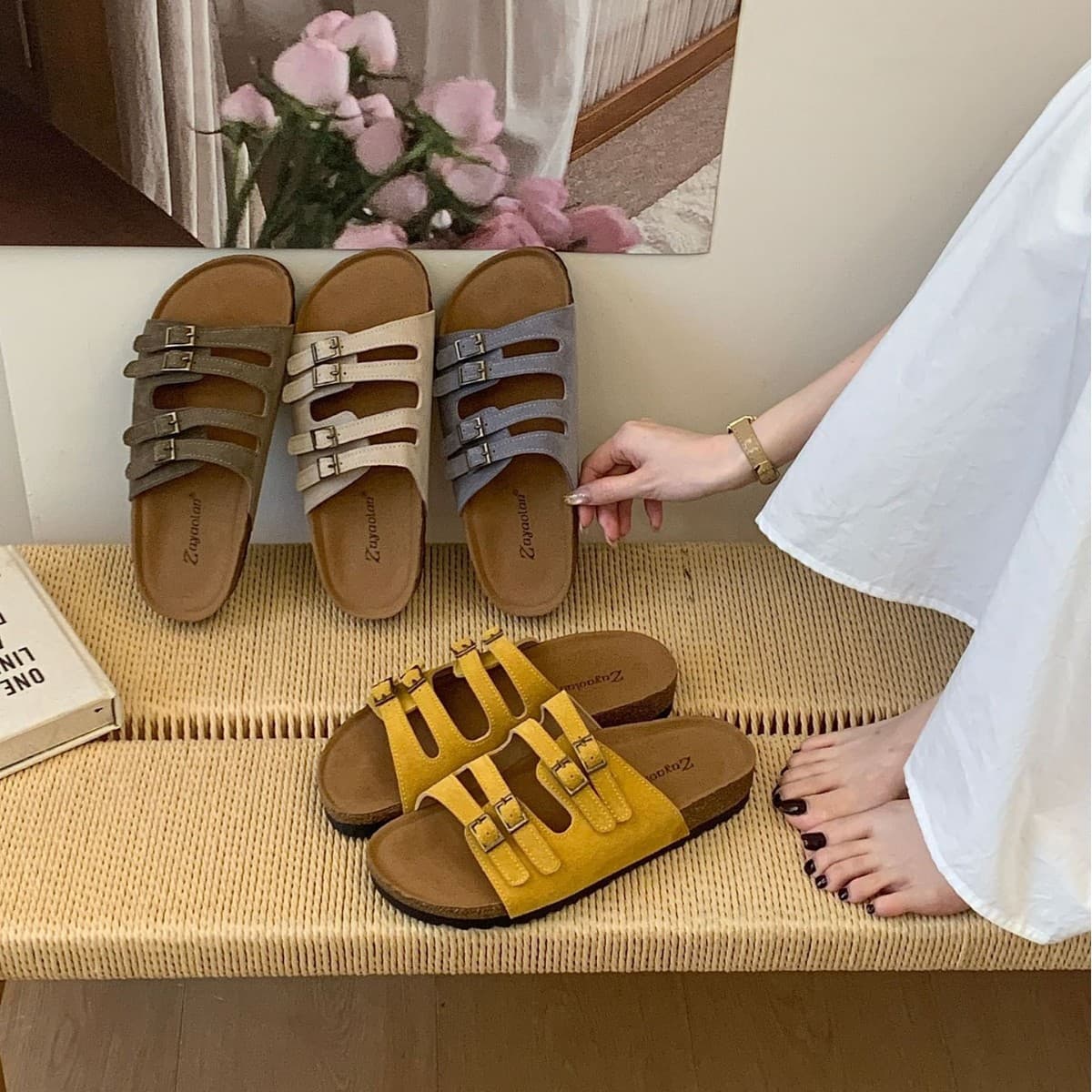 Genuine Leather Height-Increasing Soft Sole Four-Buckle Retro Versatile Birkenstock Slide Sandals Women's Summer Breathable