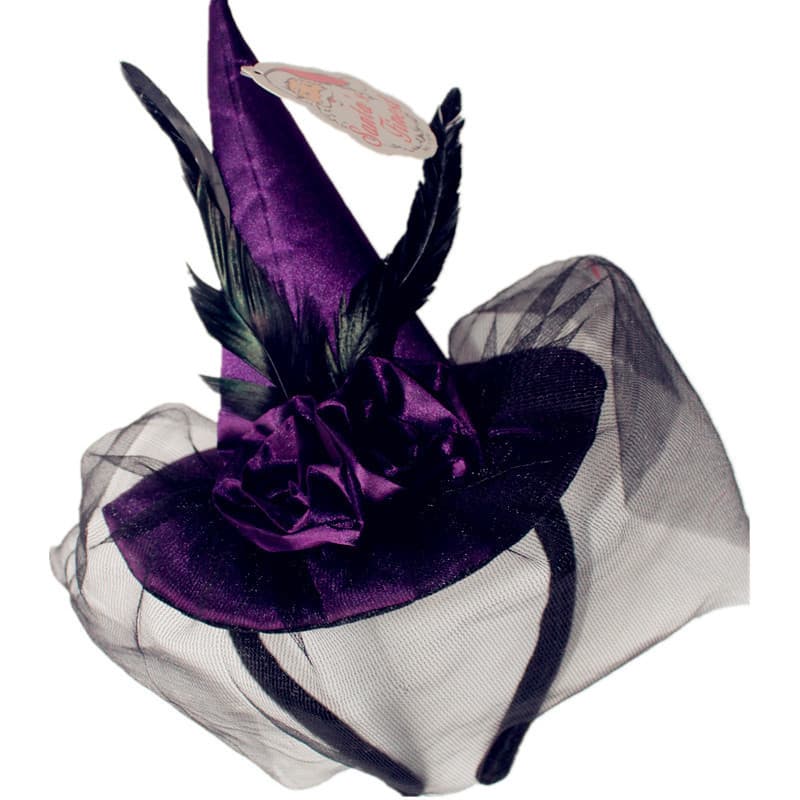 Carnival Party Halloween Ball Supplies Witch Hat Headband Retro High-End Headband Mesh Feather Style Purple