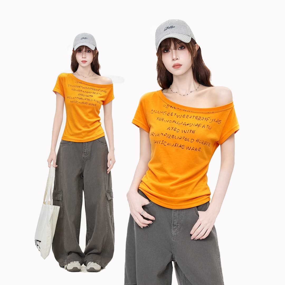 Korean-style Dopamine Orange Off-Shoulder Short-Sleeve T-Shirt for Women, Summer 2026 New Letter Print Slim Fit Top
