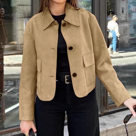 2024 Autumn/Winter Simple Brown Suede Jacket Maillard Versatile Lapel Jacket Top European and American Export Women's Clothing