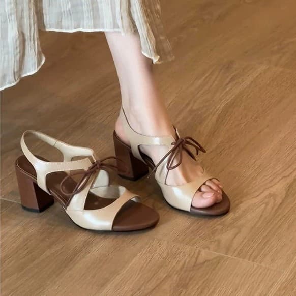 Sheepskin version of vintage bow tie open toe square toe high heels for women summer back strap shoes thick heel sandals