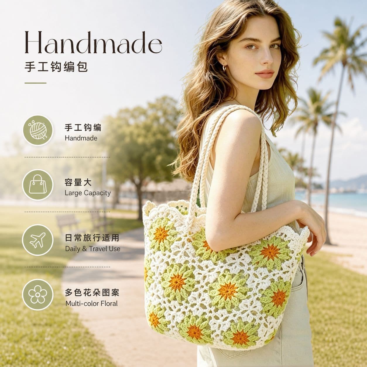Cross-Border Women's Handmade Crochet Shoulder Bag Knitted Bag Casual Handbag Beach Pattern Tote Bag
