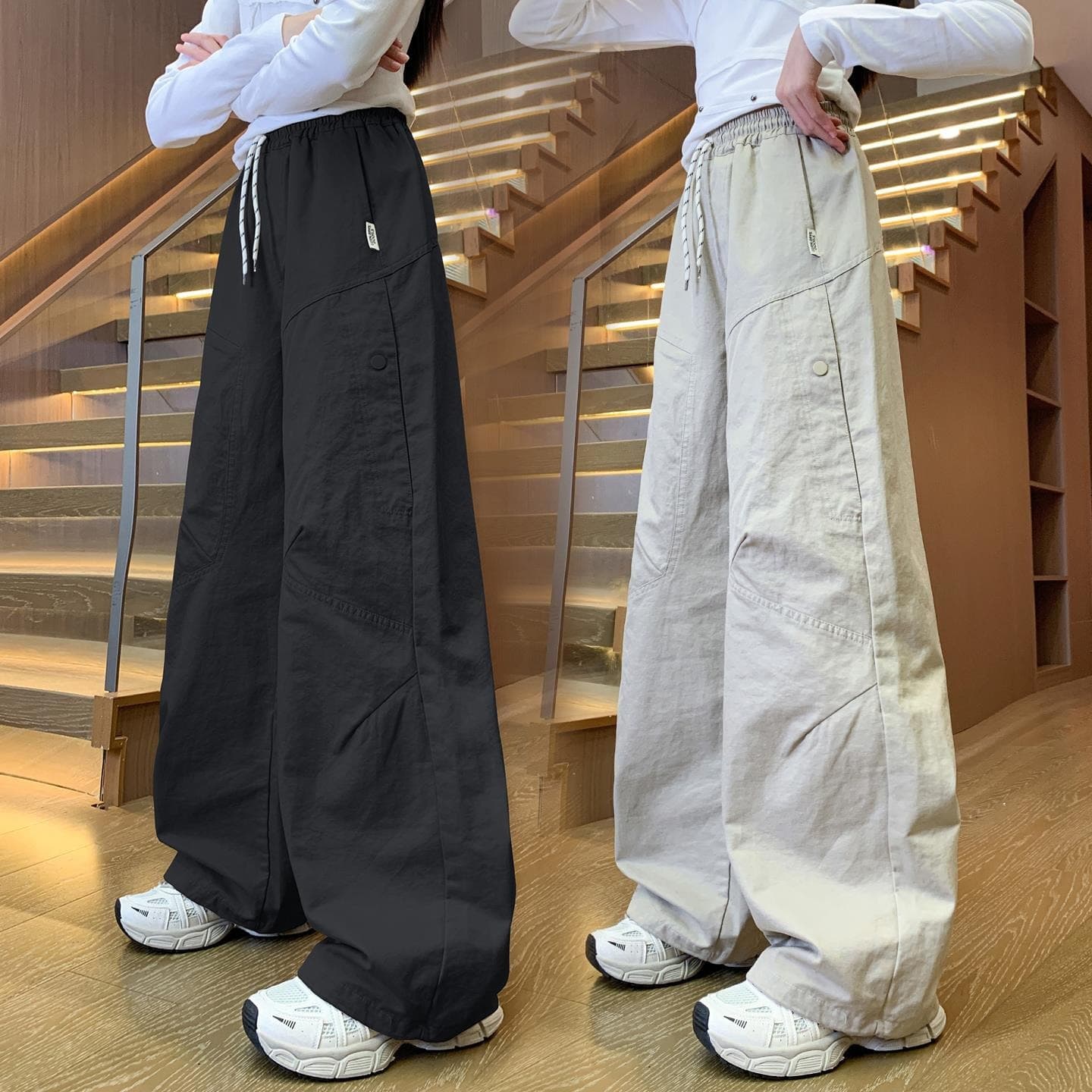 Girls' Wide-Leg Pants, Black, Children's Middle and Older Kids' Trousers, Cargo Straight-Leg, New Spring/Autumn Style, Teen Casual Wear