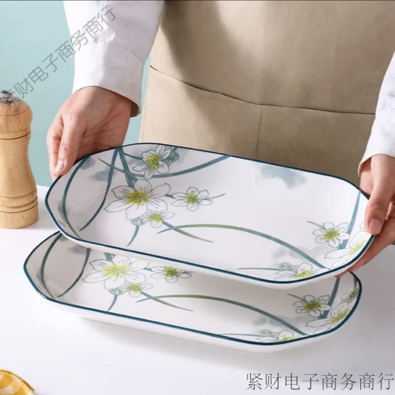 New Ceramic Fish Plate Household Tableware Large Rectangular Deep Fish Plate Steaming Baking Whole Fish Plate Dish Serving Plate