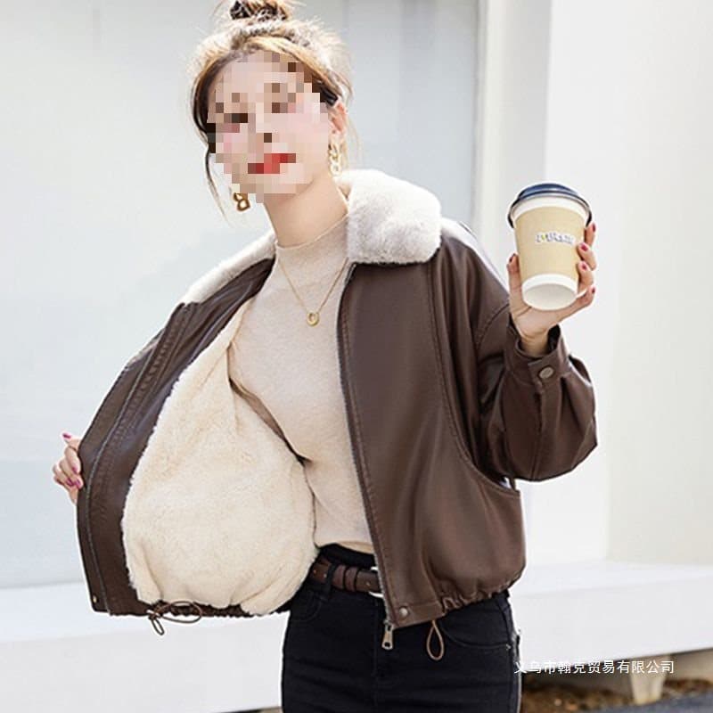 Leather Jacket Women's Autumn Winter 2025 New Fleece Lined Thickened Loose Slimming Casual Chic Versatile Warm with Fur Collar