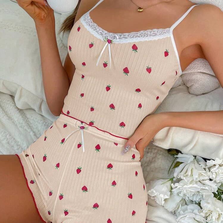 Cross-Border European and American Sleepwear Ribbed Loungewear Set for Women with Bowknot Lace Trim Sexy Camisole and Shorts Two-Piece Set