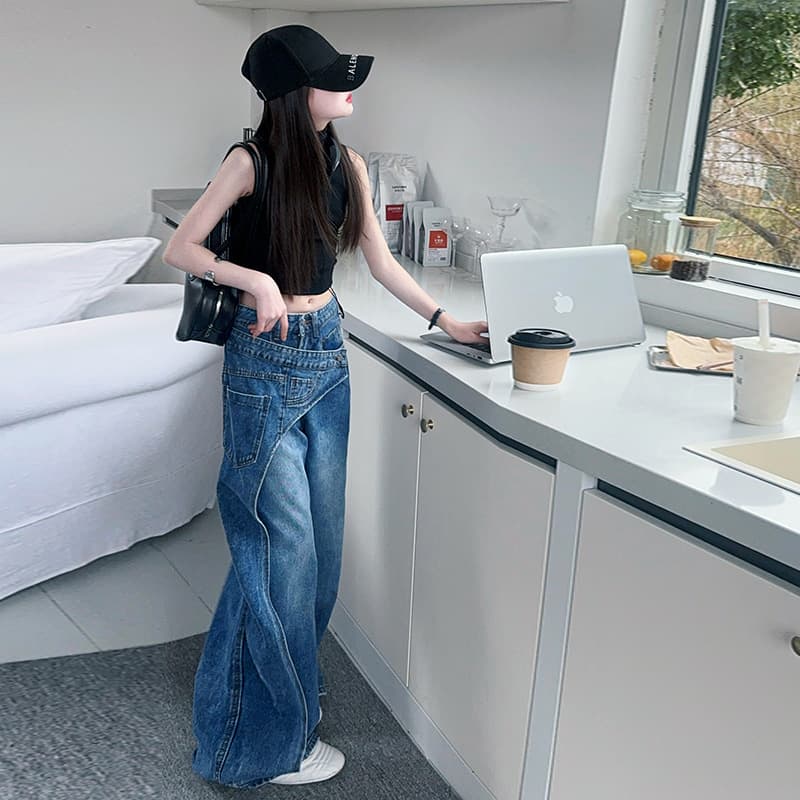 Girls' Jeans Spring Summer 2026 American Retro Deconstructed Asymmetric Design Jeans Loose Straight Leg Floor-Length Pants