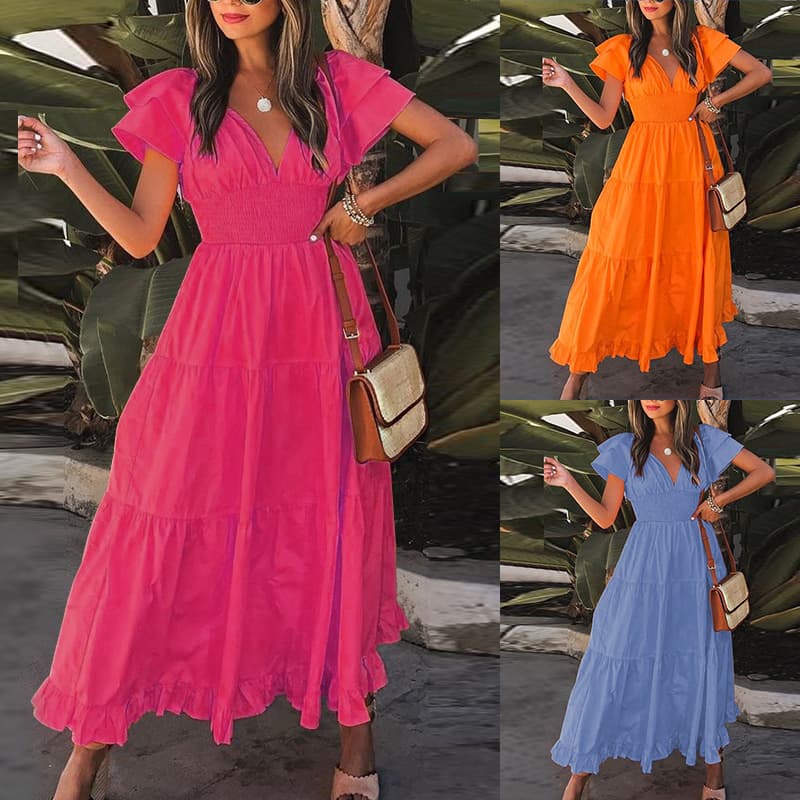 FD919 Spot 2023 cross-border European and American clothing summer new fashion short-sleeved large hem mid-length dress