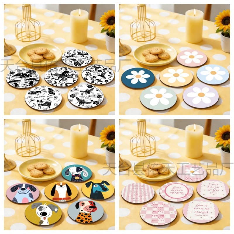 All-Season Black and White Cat Animal Series 2D Wooden Coffee Cup Coaster Set, Heat Insulation and Non-Slip Coaster Set
