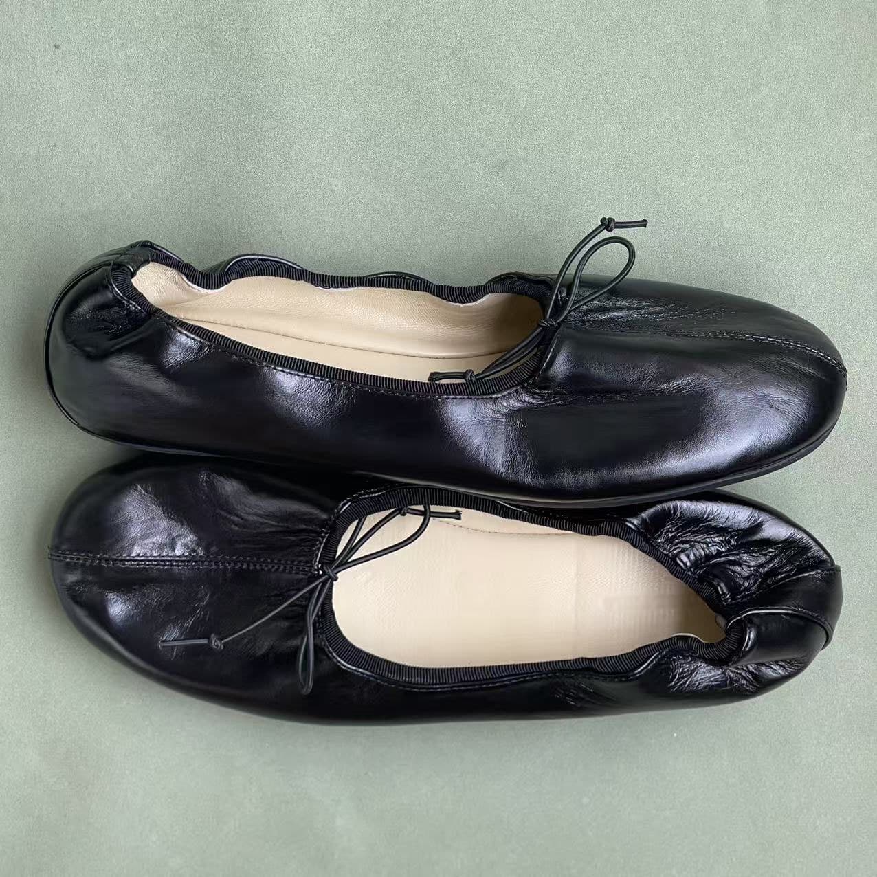 Elastic Band Shoe Opening Pleated Waxed Leather Flat Sole Soft Upper Soft Sole Ballet Grandma Women's Flats Black French Bow