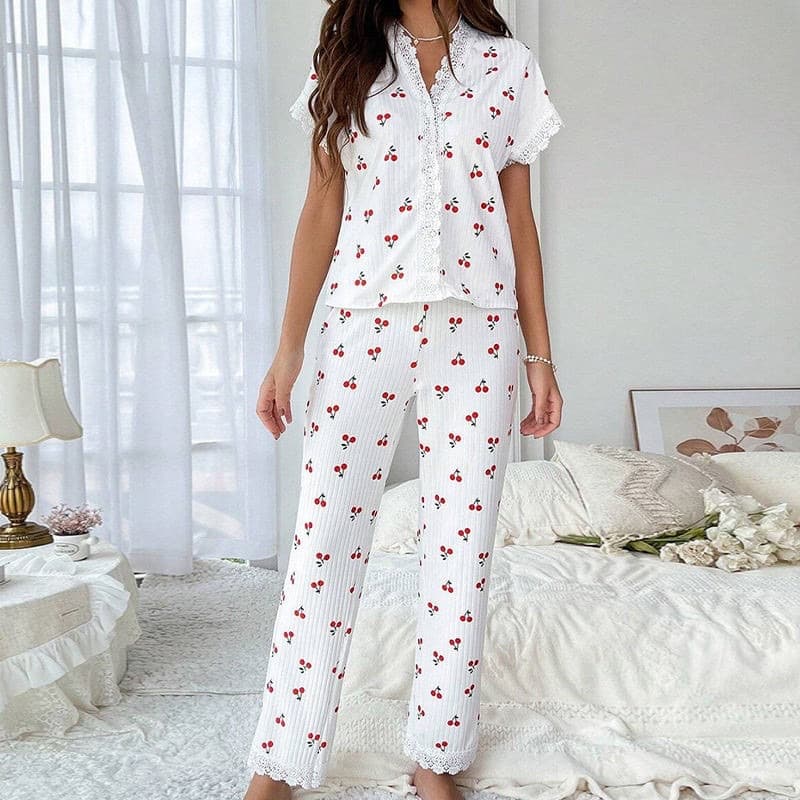 European and American Style Women's Pajamas Autumn/Winter Sexy V-Neck Lace Cherry Print T-Shirt Slim Fit Long Pants Homewear Cardigan
