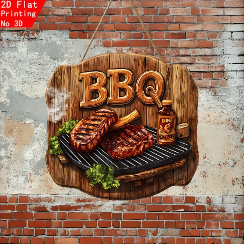 Cross-Border Charcoal-Grilled Wooden Wall Hangings 2D Flat Print Barbecue Art Farmhouse Kitchen Restaurant Wooden Decoration