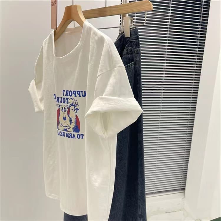 200g Cotton Printed T-Shirt with Back Collar, Women's Summer New Style Couple Short Sleeve Plus Size Loose Top