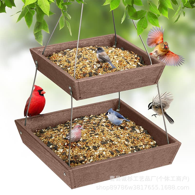 Wooden Double-Layer Hanging Bird Feeder Outdoor Courtyard Bird Feeder Square Bird Food Box Garden Bird Attractor
