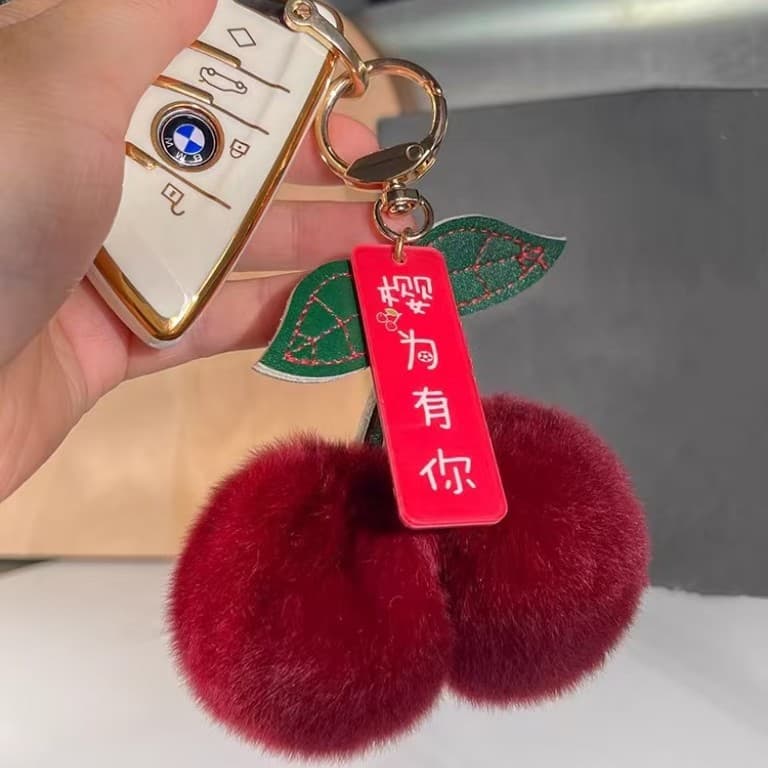 New Rex Rabbit Fur Cherry Charm, 'Cherry for You' Bag Accessory, Car Keychain, Trendy Plush Backpack Pendant