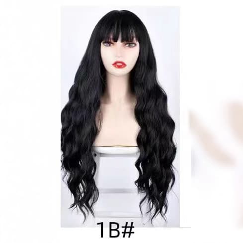 Wig for women with long curly hair European and American fashion wig full headset natural black air bangs long hair realistic natural curly hair