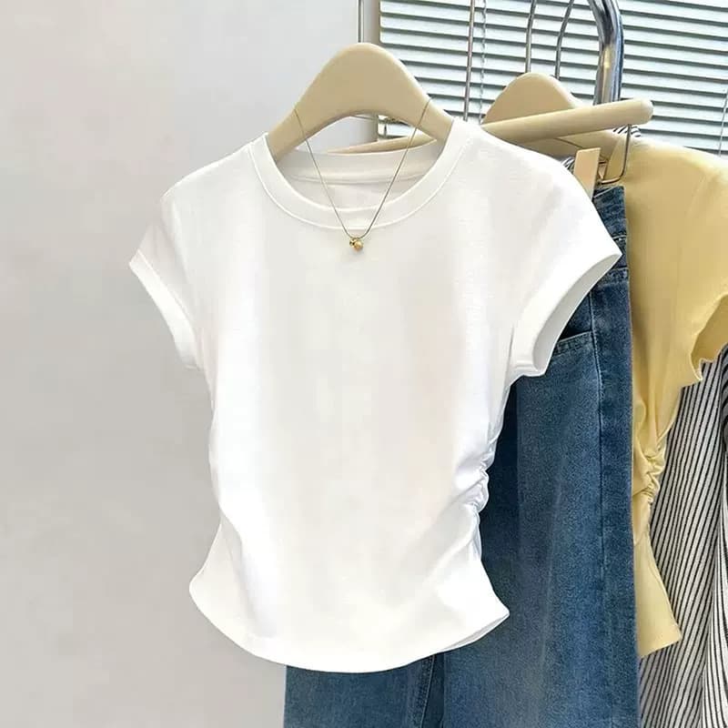White Regular Shoulder Short Sleeve T-Shirt Women 2026 Summer New Cropped Pleated Fitted Slimming Youthful Top