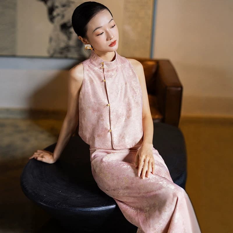 Pink New Chinese-style Cheongsam Stand Collar Sleeveless Set 2026 Summer Bride Exquisite Jacquard Vintage Wedding Dress
