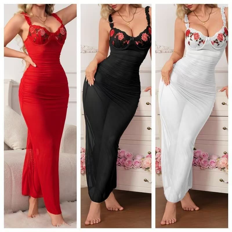 European and American Lingerie Cross-border Trade Sexy Underwear Women's Steel Ring Embroidered Water-soluble Long Dress Set