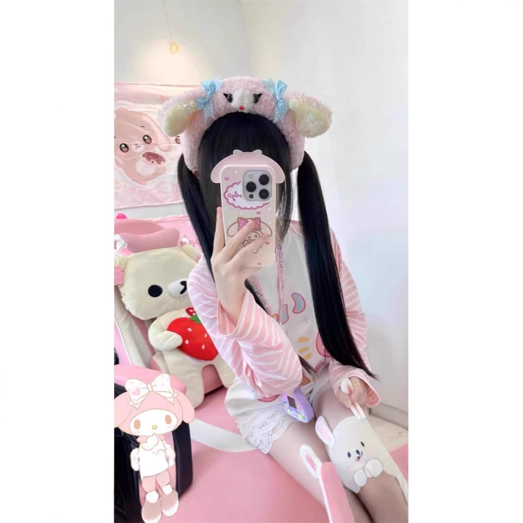 Japanese Sweet Cute Patchwork Pink Striped T-Shirt for Women, Spring and Fall New Student Loose Soft Long Sleeve Top