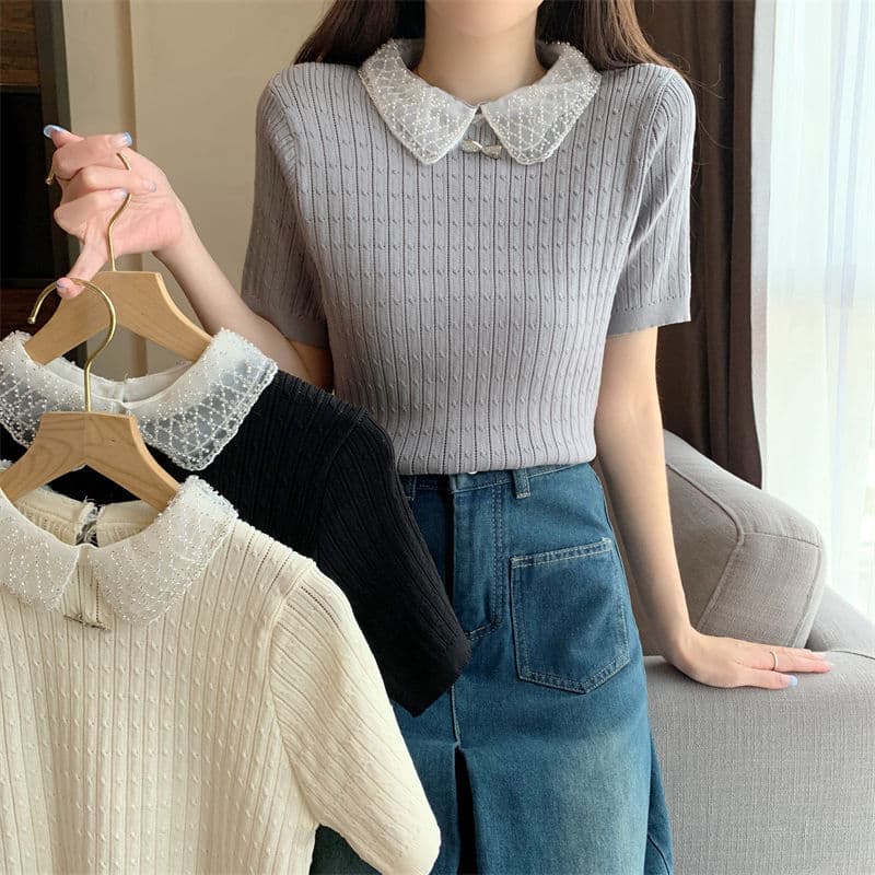 Gray Doll Collar Lace Regular Shoulder Knitted Short Sleeve T-Shirt for Women Summer 2026 New Slim Fit Ice Silk Top