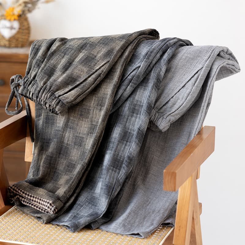 Plus Size Men's Cotton Gauze Pajama Pants, Loose Fit Home Casual Long Pants for Spring and Autumn