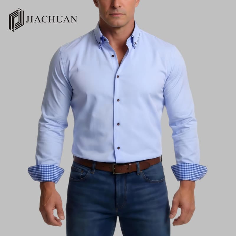 Jiachuan European and American Plus Size Men's Shirt Color-Block Double Collar Stretch Wrinkle-Free Business Shirt Men's Long Sleeve Premium Casual Shirt