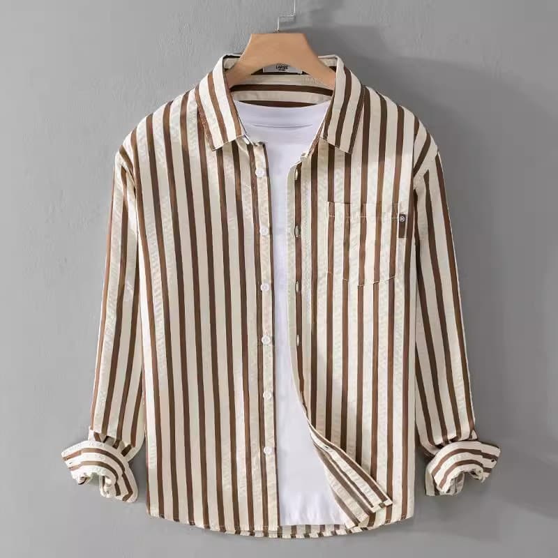 Mall closure ice silk stripe long-sleeve shirt summer luxury trendy brand color-blocking minimalist men's casual versatile shirt