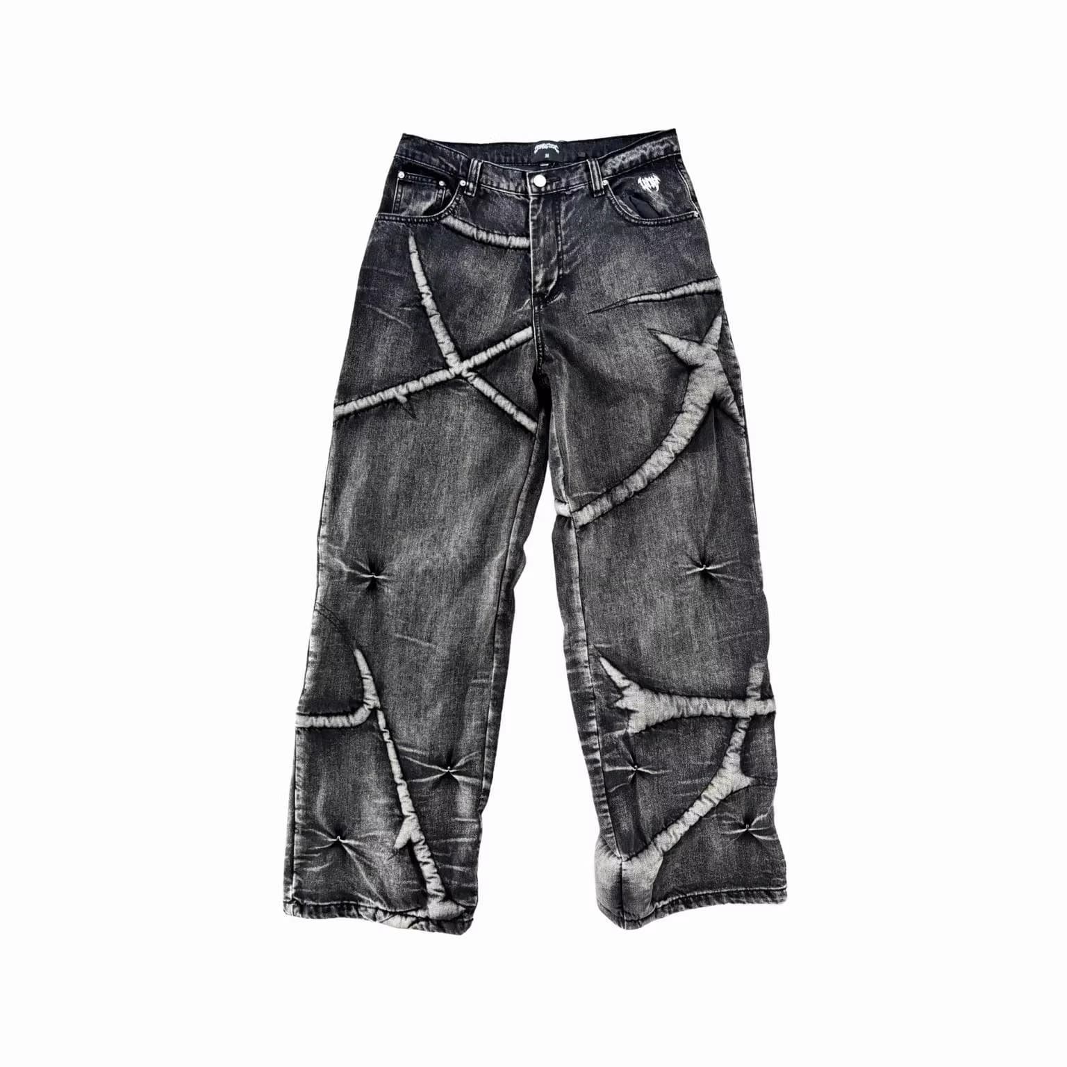 Thorn Print Jeans American Retro Streetwear Destroyed Gothic European and American Street Loose Wide Leg Jeans for Men