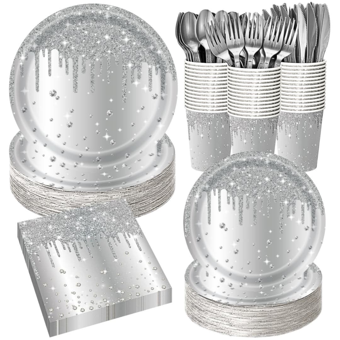 New Silver Diamond Birthday Party Paper Plates Kids Birthday Wedding Disposable Dinner Plates Paper Cups Napkins Set