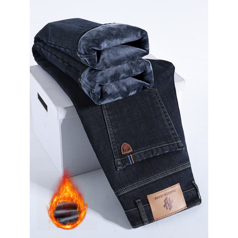 Autumn-Winter Fleece-Lined Jeans for Men, Thick Warmth Trousers, Middle-Age Business Casual Loose Straight Leg Cross-Border