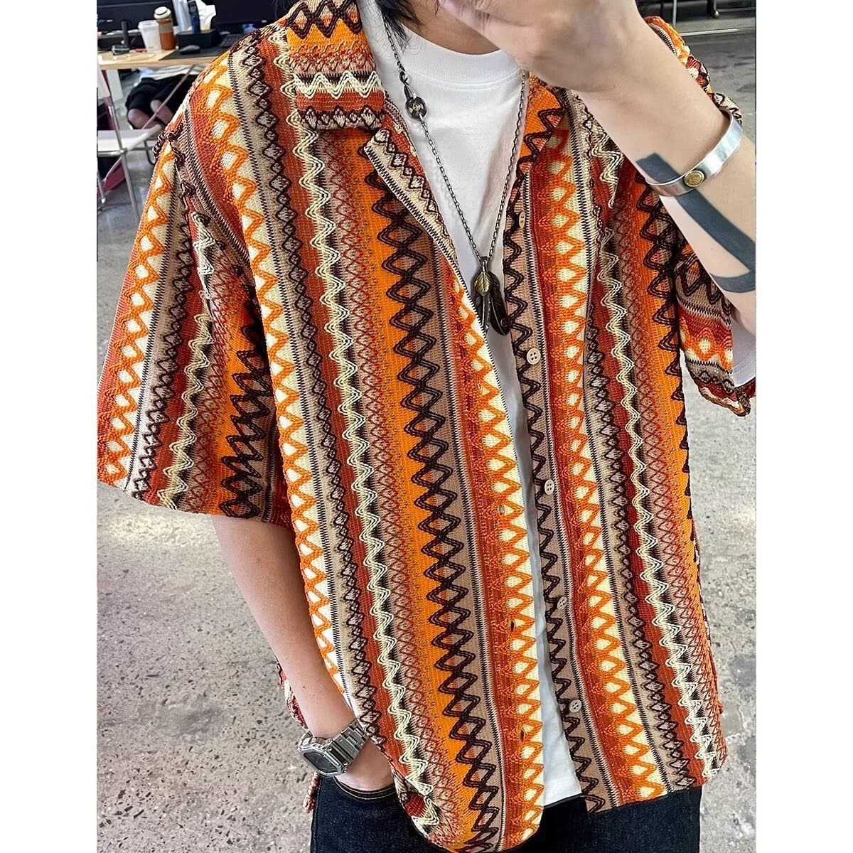Bohemian Ethnic Style Woven Contrast Color Cuban Collar Loose Shirt for Men and Women, Couple Vacation Short-Sleeved Shirt, Brown