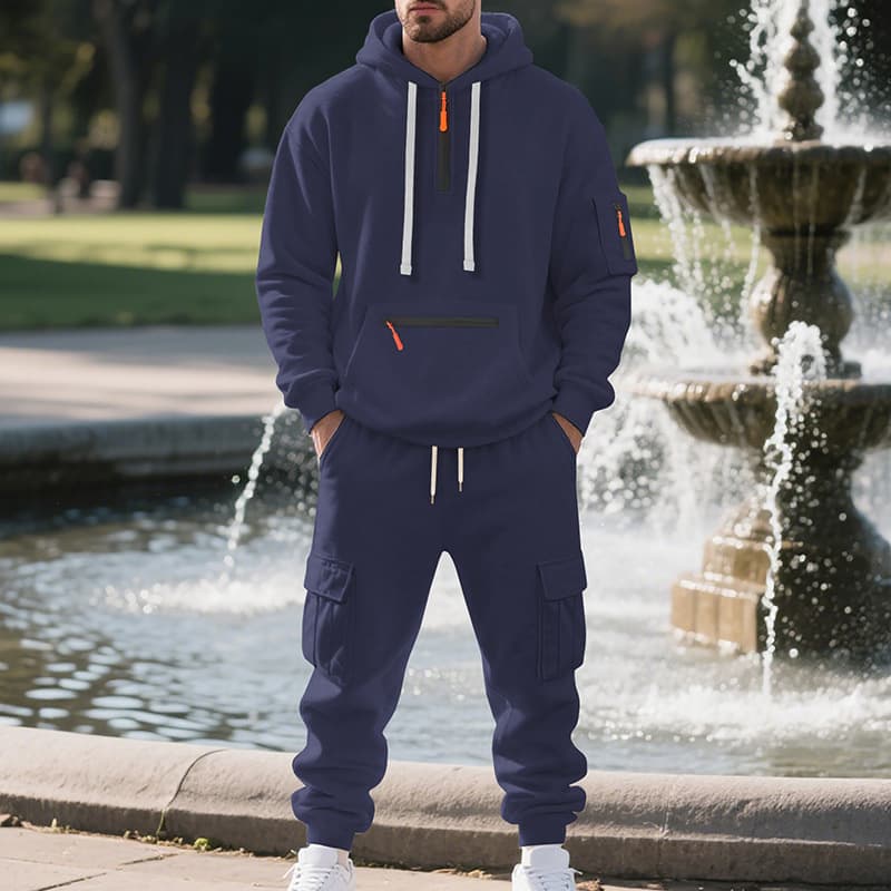 Cross-border Men's Hoodie Set Zip Multi-pocket Pullover Men's Sports Casual Top Two-piece Set