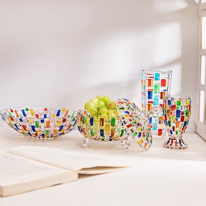 Hand-painted Color-block Vase, Colorful Woven Pattern Fruit Bowl with Lid, Painted Glass Juice Cup Whiskey Glass